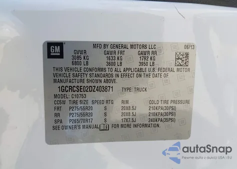 2013 Chevrolet Silverado 1500 Lt z USA, uszkodzony, nr VIN 1GCRCSE02DZ403871